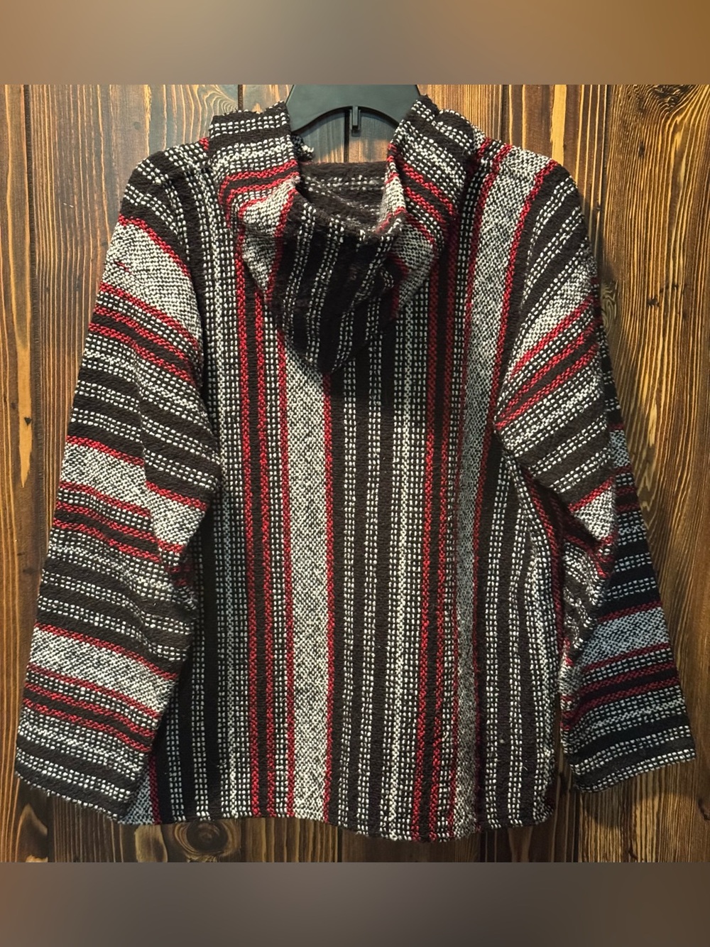 Baja “Drug Rug” Hoodie Red, Black & Gray - Authentic Handmade Cienfuegos - Large - Picture 2 of 7